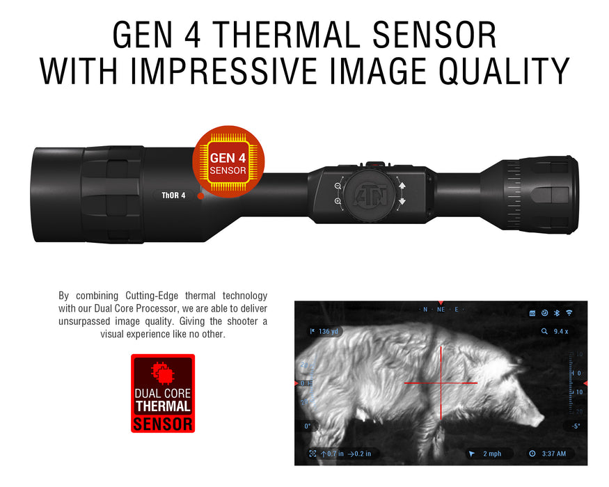 ATN Thor 4, 4-40x, 640x480, Thermal Rifle Scope with Full HD Video rec, WiFi, Smooth zoom and Smartphone controlling thru iOS or Android Apps